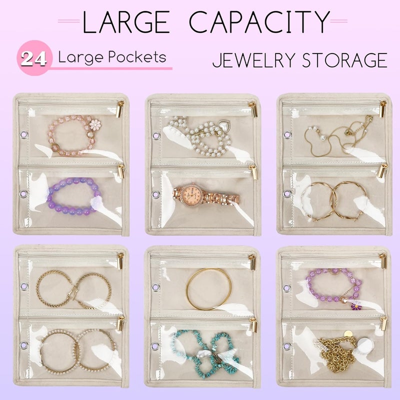 LingLingo Travel Jewelry Organizer Case,Jewelry Bags for Traveling, Jewelry Binder with 24 Pcs Clear Zipper Velvet Pouches for Storing Earrings, Rings, Necklace, Bracelet, Watch (Beige) - Image 3